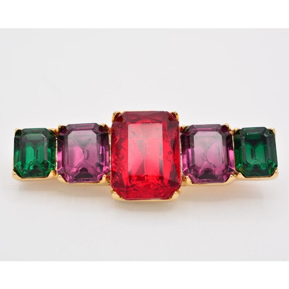 Vintage Crystal Bar Pin Brooch Baguette Rhinestone Multi-Color Gold 1980s BinAT
